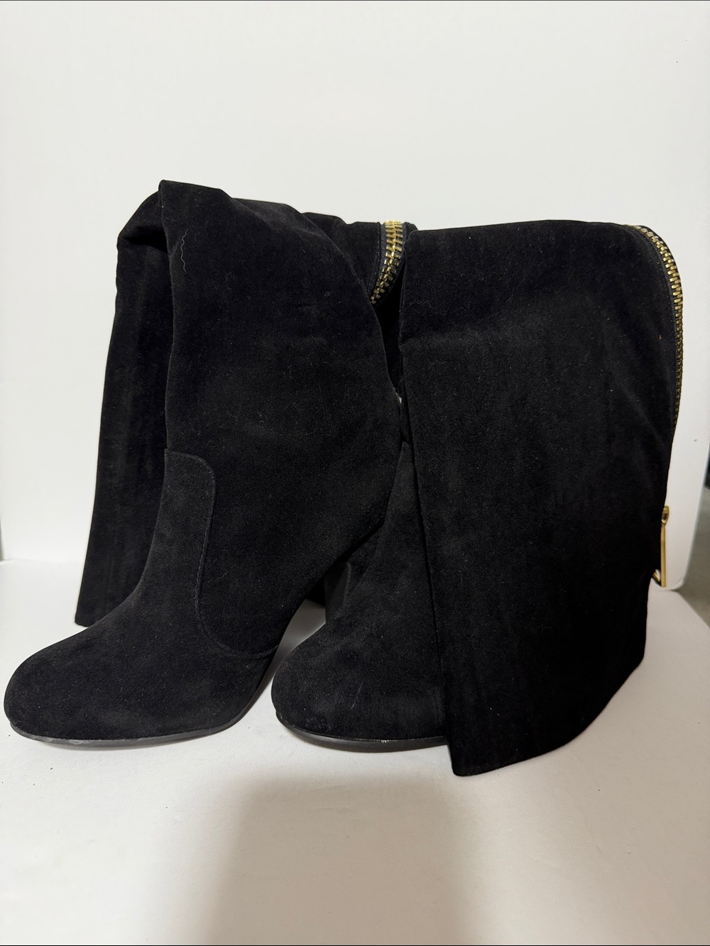 BAMBOO Black Over-the-Knee Suede High Heel Boots with Gold Zipper